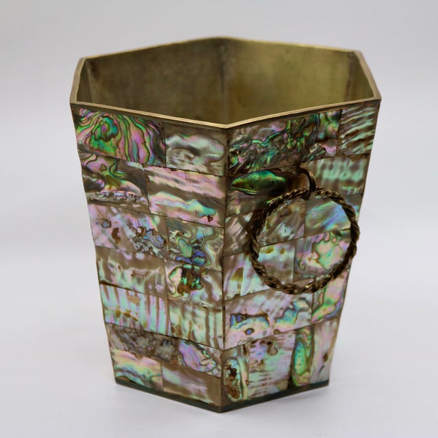 Mid-Century Modern 1960s Mid-Century Modern Mexican Brass & Mosaic Abalone Shell Hexagonal Ice Bucket For Sale - Image 3 of 10