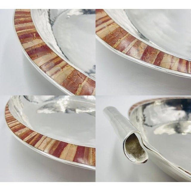 1980s Large Emilia Castillo Silver-Plate & Jasper Inlay Serving Bowl, Mexican Silver For Sale - Image 16 of 18