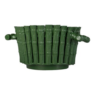 Tole Bamboo Round Planter in Mossy Green, Large For Sale
