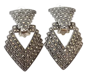 Vintage Art Deco Sterling Silver and Marcasite Gatsby Style Chevron Door Knocker Style Clip on Earrings, A Pair