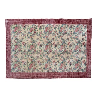 Mid-Century Vintage Turkish Rose Floral Rug in Cream & Burgundy, 6’5” X 9’7 For Sale