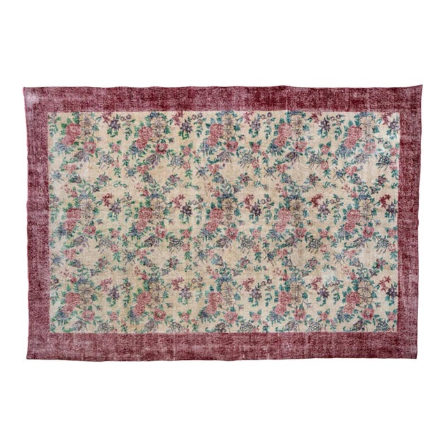 Mid-Century Vintage Turkish Rose Floral Rug in Cream & Burgundy, 6’5” X 9’7 For Sale