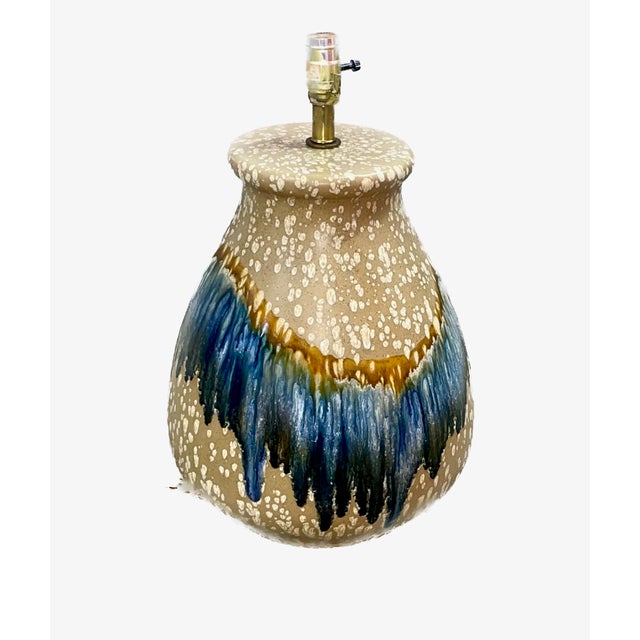 Mid-Century Modern Vintage MCM Drip Glaze Studio Pottery Table Lamp | Cobalt & Amber Circa 1970s For Sale - Image 3 of 7