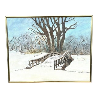 Old Bridge & Trees Original Oil Painting, Unsigned For Sale