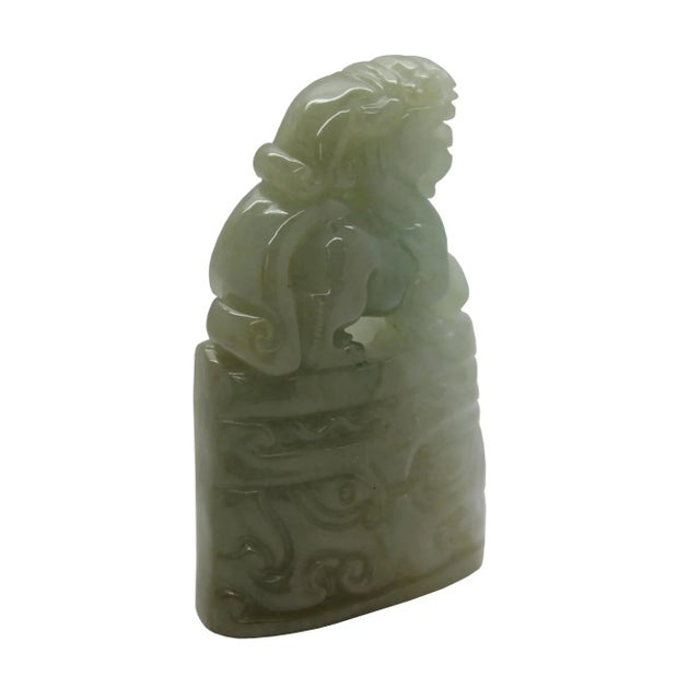1980s Carved Natural Green Jade Table Top Feng Shui Lucky Pixiu Bell Figure & Pendant For Sale - Image 5 of 7