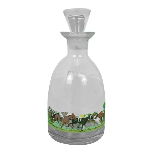 Hand-Painted Race Horses & Jockeys Glass Decanter Signed R Kuntz For Sale