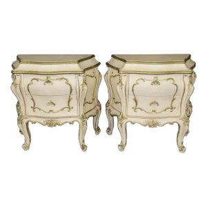 Charming Pair of Italian French Louis XV Style Paint Decorated Bombe Nightstands