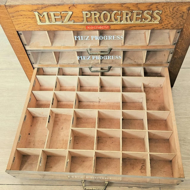 Antique Advertising Yarn Cabinet from MEZ Progress, 1950s, in Very Good conditions. Designed 1950 to 1959
