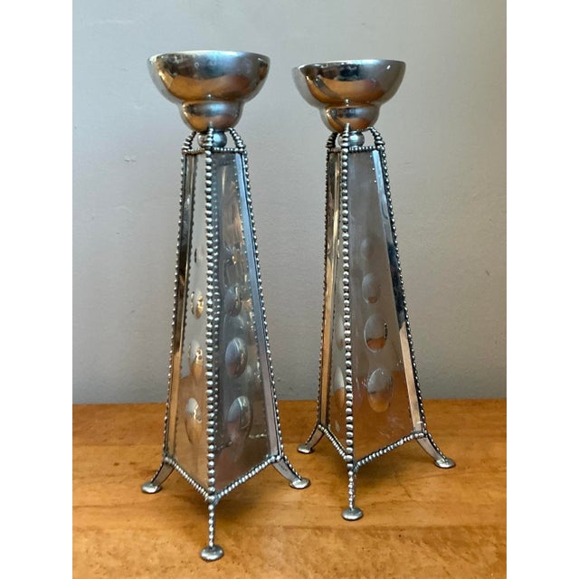 Metal Vintage 1994 Signed Mirrored Candlestick Holders - A Pair For Sale - Image 7 of 12