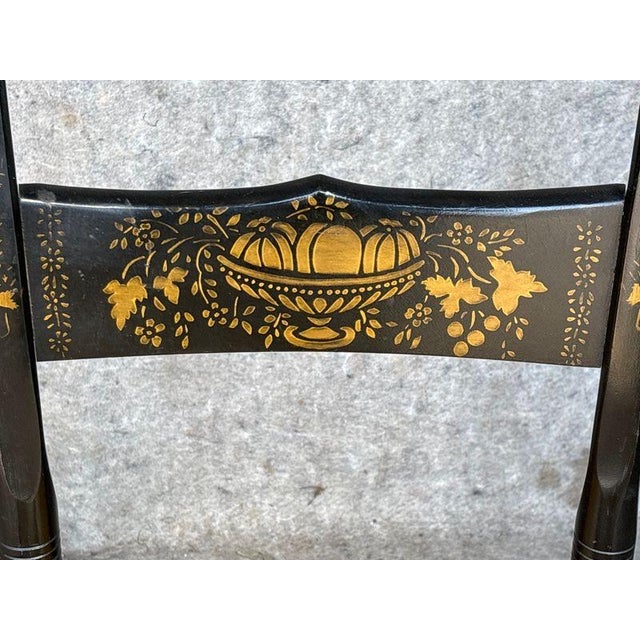 Black Pair of Antique Hitchcock Style Stenciled Rush Seat Side Chairs For Sale - Image 8 of 8