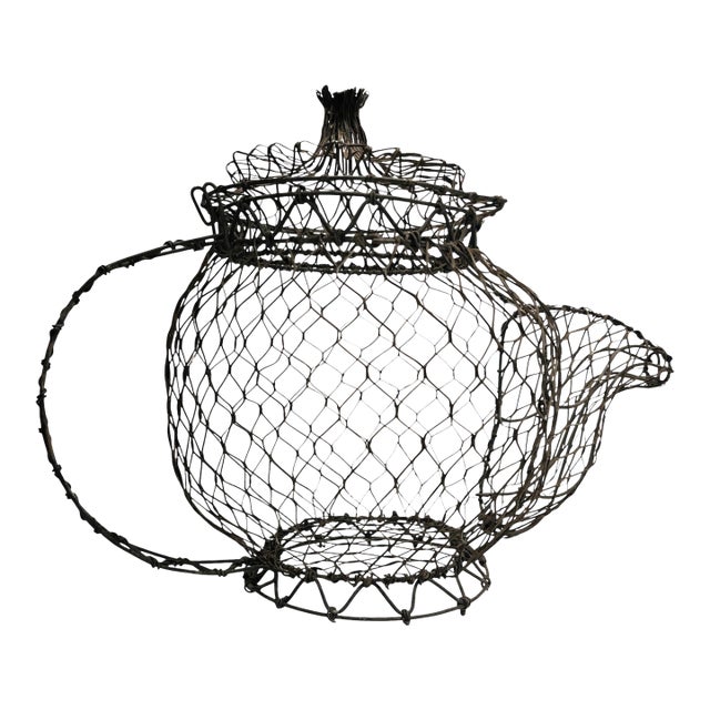 Vintage Folk Art Teapot Egg Basket For Sale