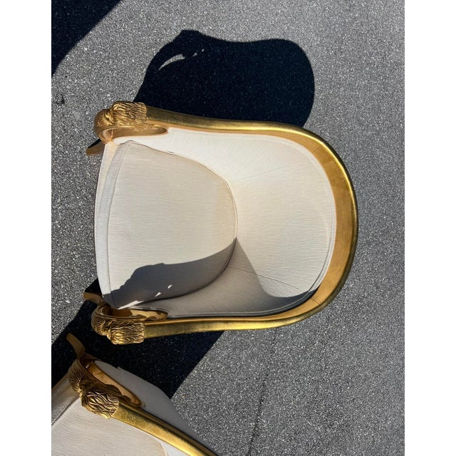 1950s Companion Pair Louis XVI Style Gold Gilt Upholstered Arm Chairs For Sale - Image 16 of 17