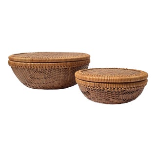 Vintage Handwoven Rattan & Bamboo Round Lidded Nesting Baskets — Set of 2 For Sale