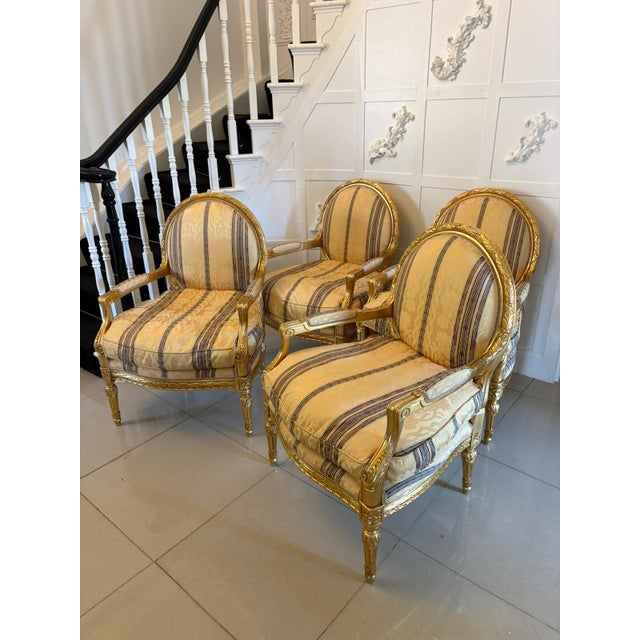 Antique Louis XVI French Giltwood Bergère Armchairs, 1920, Set of 4 For Sale - Image 4 of 17