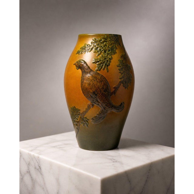 Danish Art Nouveau Stoneware Vase with Bird and Oak Branch Relief from Ipsen, 1920s For Sale - Image 3 of 9