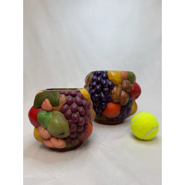 Vintage Mid Century Traditional Style Fruit Multicolor Ceramic Vases- A Pair For Sale - Image 10 of 11