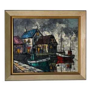 1970's Vintage Laye Impressionist Oil Painting of a Harbor Scene, Framed
