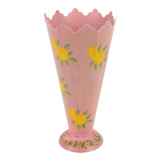 Vintage 1960's Pink With Yellow Flowers Metal Tin Vase For Sale