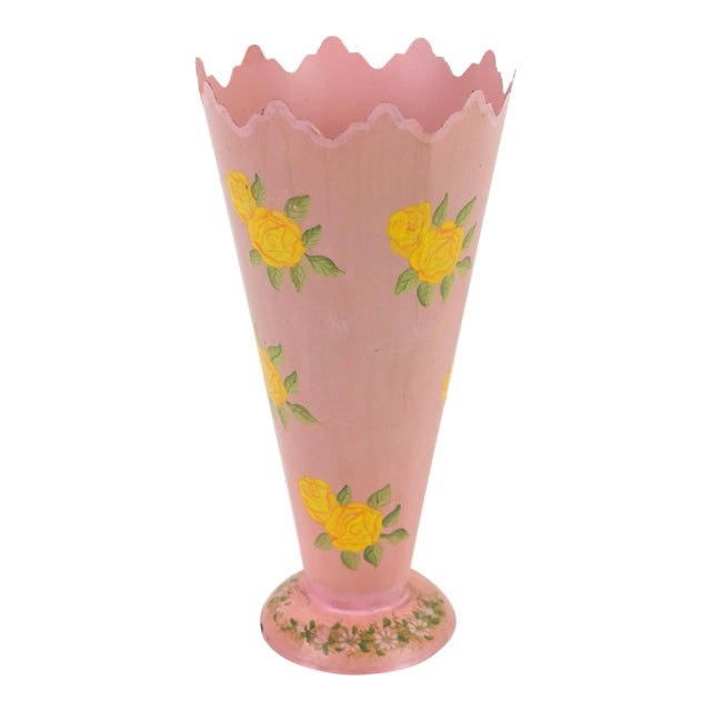 Vintage 1960's Pink With Yellow Flowers Metal Tin Vase For Sale