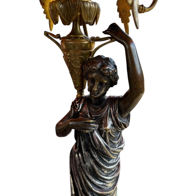 Pair French Neoclassical Bronze, Dor'e Bronze & Belgique Noir Candelabra, Electrified, Ca. 1870 For Sale - Image 11 of 14
