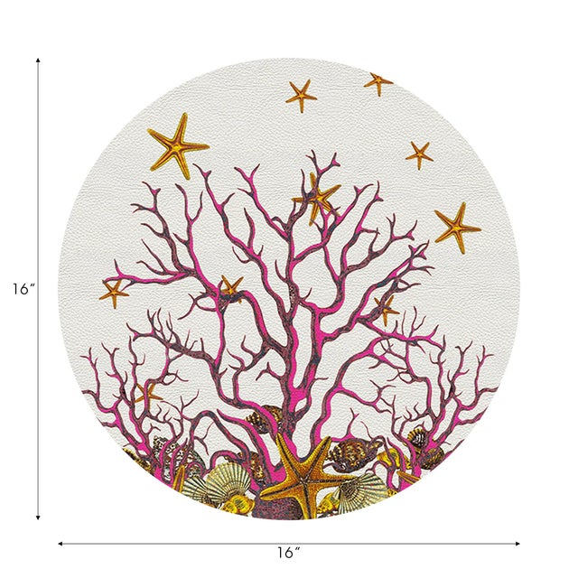 Coastal Coral Reef Vegan Leather Round Pebble Placemat, White Pink, Set of 4 For Sale - Image 3 of 5