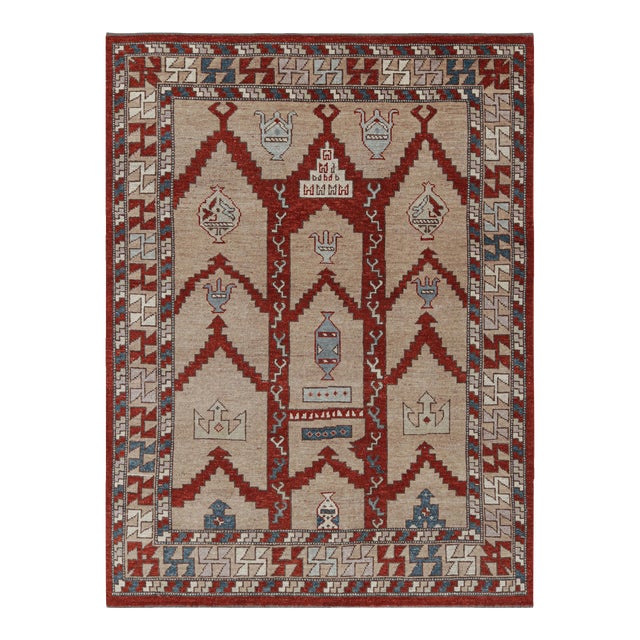 Rug & Kilim’s Konya Style Rug in Taupe and Red With Geometric Patterns For Sale