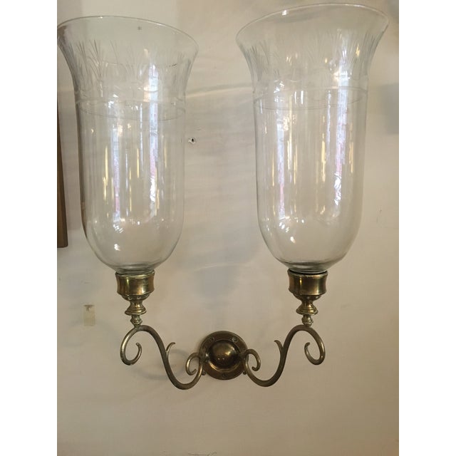 1920s George III Style Pair of Crafted Brass Wall Sconces With Glass Hurricanes - a Pair For Sale - Image 9 of 10