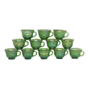 Indiana Harvest Grape Style Green Carnival Glass Set of 12 Punch Tea Cups