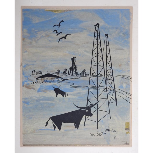 Vintage mid century serigraph on paper of Houston Astro Dome, oil wells and longhorn cattle. Images in black over gray,...