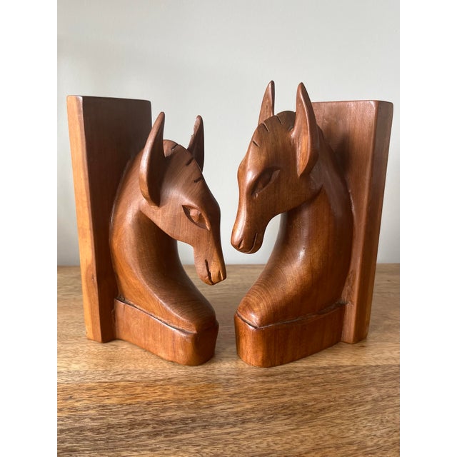Mid-Century Modern 1960s Vintage Hand-Carved Wooden Horse Head Bookends-a Pair For Sale - Image 3 of 12