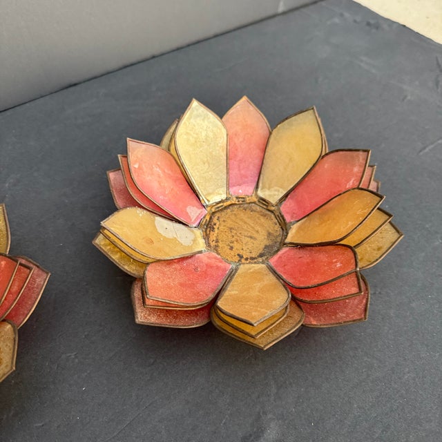 1970s Two Toned Lotus Capiz Shell Tea Light Candle Holder in Pink and White- a Pair For Sale - Image 11 of 12