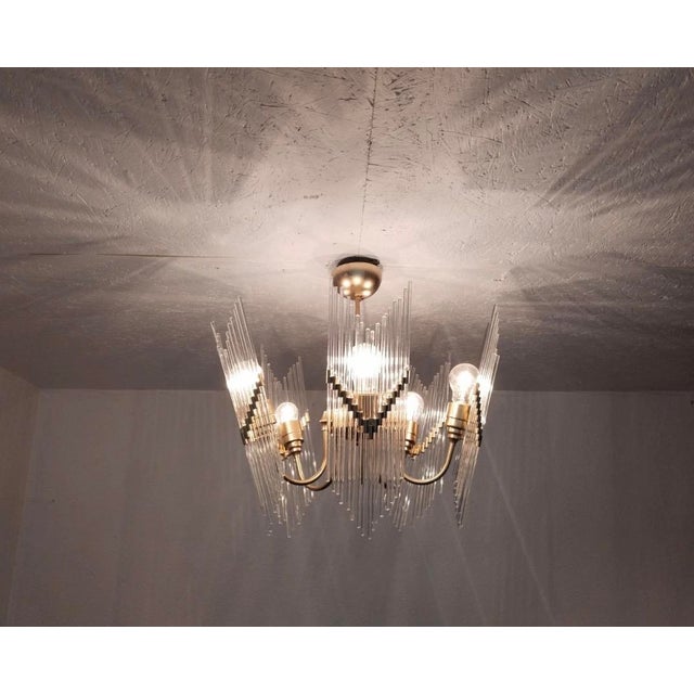Brass Rare 1970s Brass & Glass Rod Chandelier | 5-Light Vintage Fixture | Restored Mid Century Lighting For Sale - Image 8 of 14