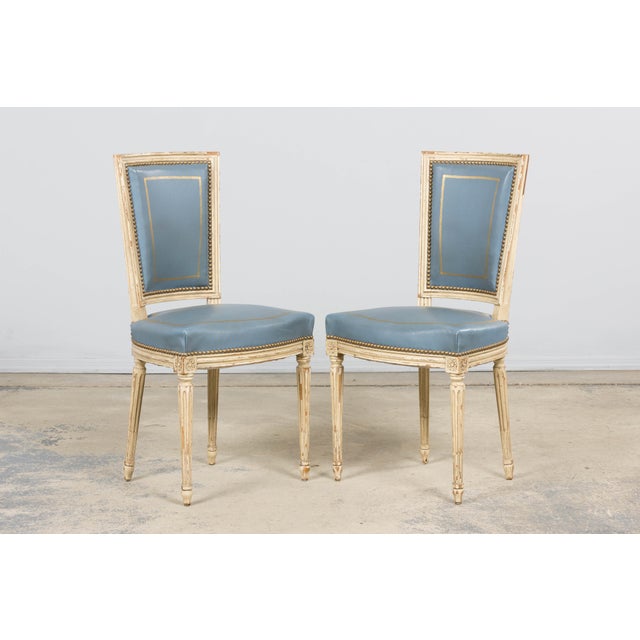 Wood Antique French Louis XVI Style Painted Dining Chairs in French Blue - Set of 4 For Sale - Image 7 of 18