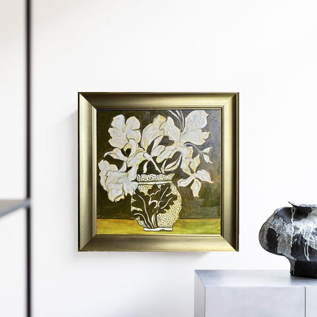 A deeply atmospheric original still life painting featuring an abundant bouquet of white flowers cascading from an ornate...
