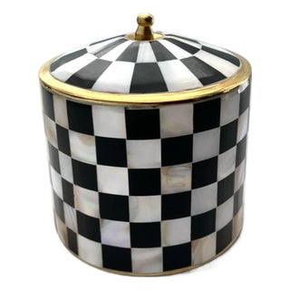 Early 21st Century Moroccan Hollywood Regency Checkered Mother-of-Pearl & Brass Lidded Vanity Jar For Sale