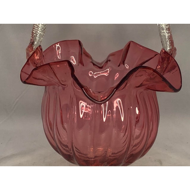 Victorian 19th Century Victorian Cranberry Glass Basket: Ruffled Edge, Clear Handle, 13" Tall For Sale - Image 3 of 10
