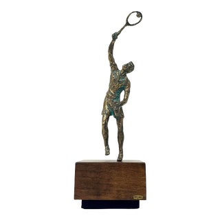 1970s Curtis Jere Bronze Tennis Player Sculpture on Wood Base For Sale