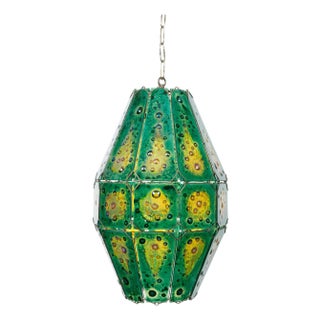 Late 20th Century Felipe Derflingher Art Glass Pendant Light Fixture with Green and Yellow Tones For Sale