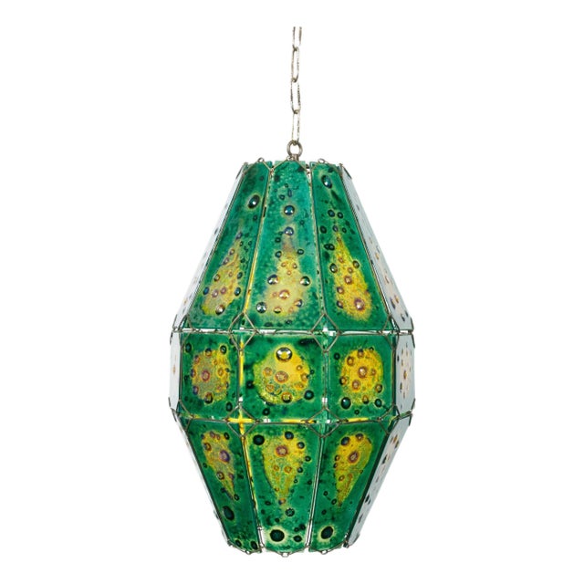 Late 20th Century Felipe Derflingher Art Glass Pendant Light Fixture with Green and Yellow Tones For Sale