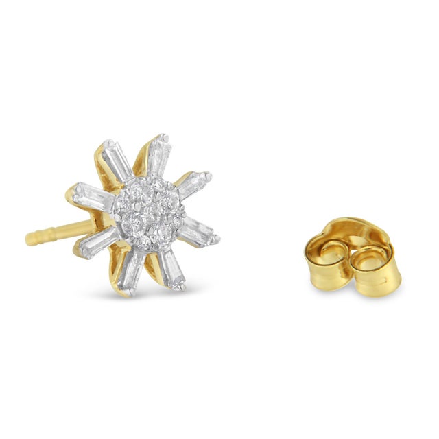 Haus of Brilliance 10k Yellow Gold Round and Baguette Diamond Stud Earring (0.50 cttw, H-I Color, I2-I3 Clarity) For Sale - Image 4 of 6