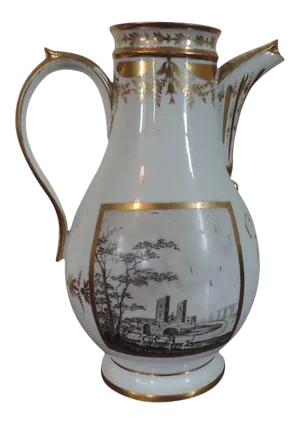 Large 18th Century Paris Porcelain Chocolate Pot Decorated with Landscape Panels Painted en Grisaille