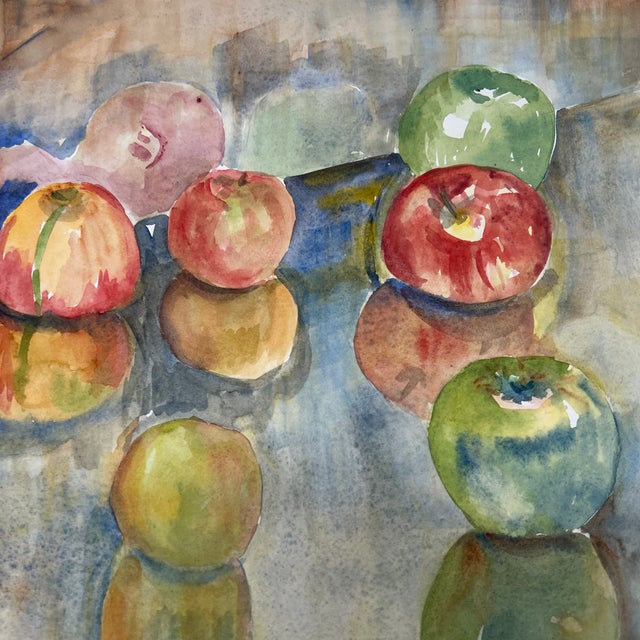 1980’s original impressionist stacks of apples still life watercolor painting on uneven edge paper. Image measures 15x11...