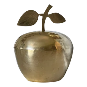 Mid-Century Modern Lidded Brass Apple Jar With Leafed Stem Bowl