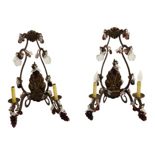 Antique Iron Wrought Sconces With Glass Fruits and Grape Clusyers - Pair For Sale