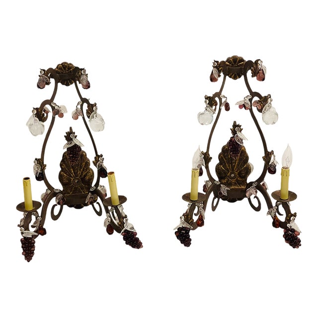 Antique Iron Wrought Sconces With Glass Fruits and Grape Clusyers - Pair For Sale
