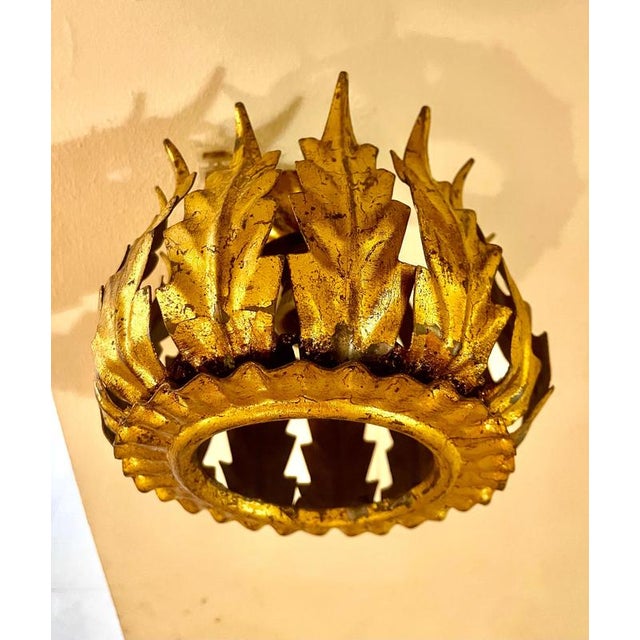 Spanish crown light in gilt metal , Spain, 1950s. Midcentury antique gilt iron frame or pendant with laurel leaf motifs...