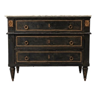 Antique French Louis XVI Style Marble Top Commode Chest - Ebonized Black & Gold For Sale