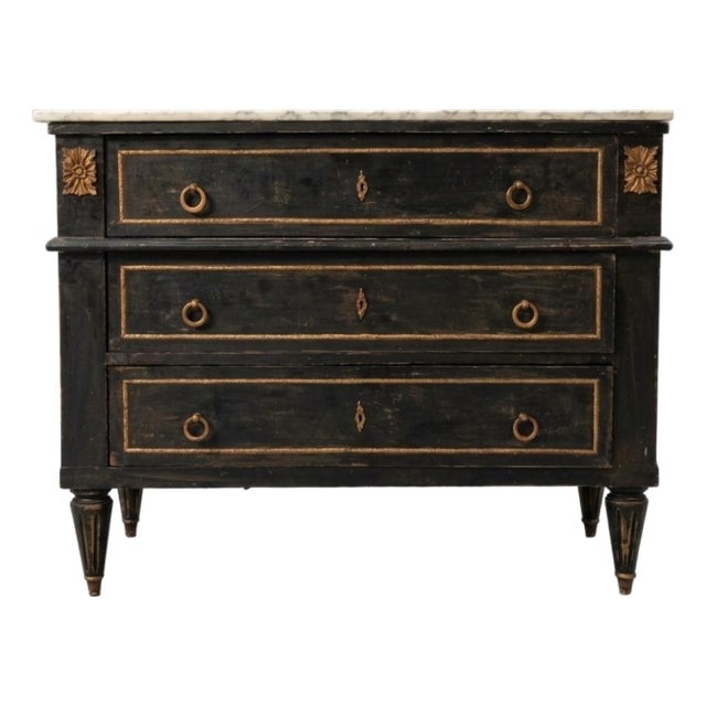 Antique French Louis XVI Style Marble Top Commode Chest - Ebonized Black & Gold For Sale