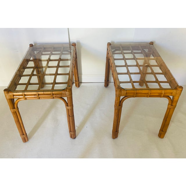Elegant Pair of 1950 Mid Century Modern Bamboo Side Tables W Glass Pair For Sale - Image 4 of 7