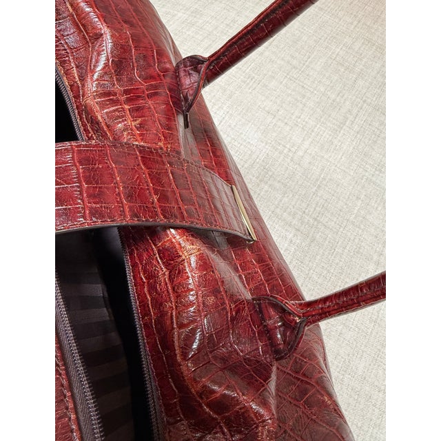 Maroon Embossed Crocodile Travel Satchel Bag, Maroon For Sale - Image 8 of 13
